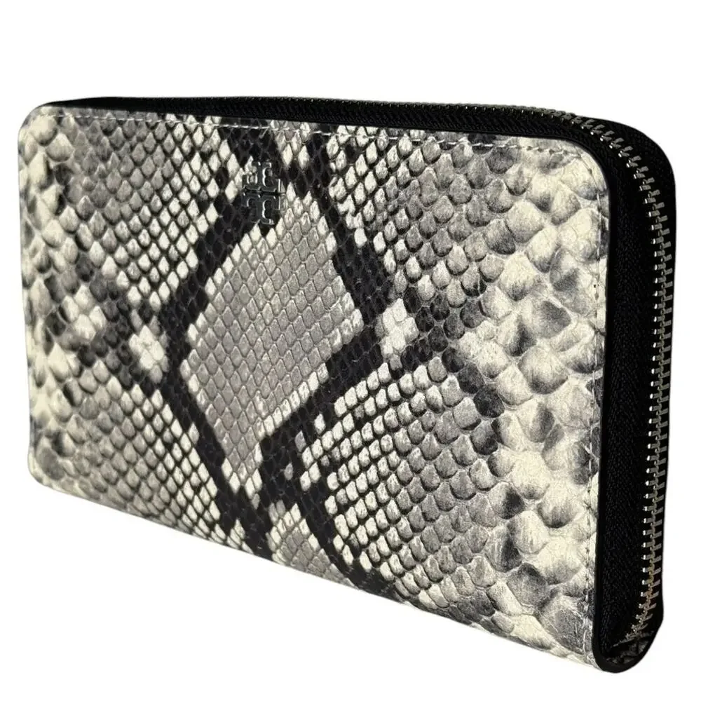 Tory Burch Gray Snake Print Zip Around Continental Wallet Leather